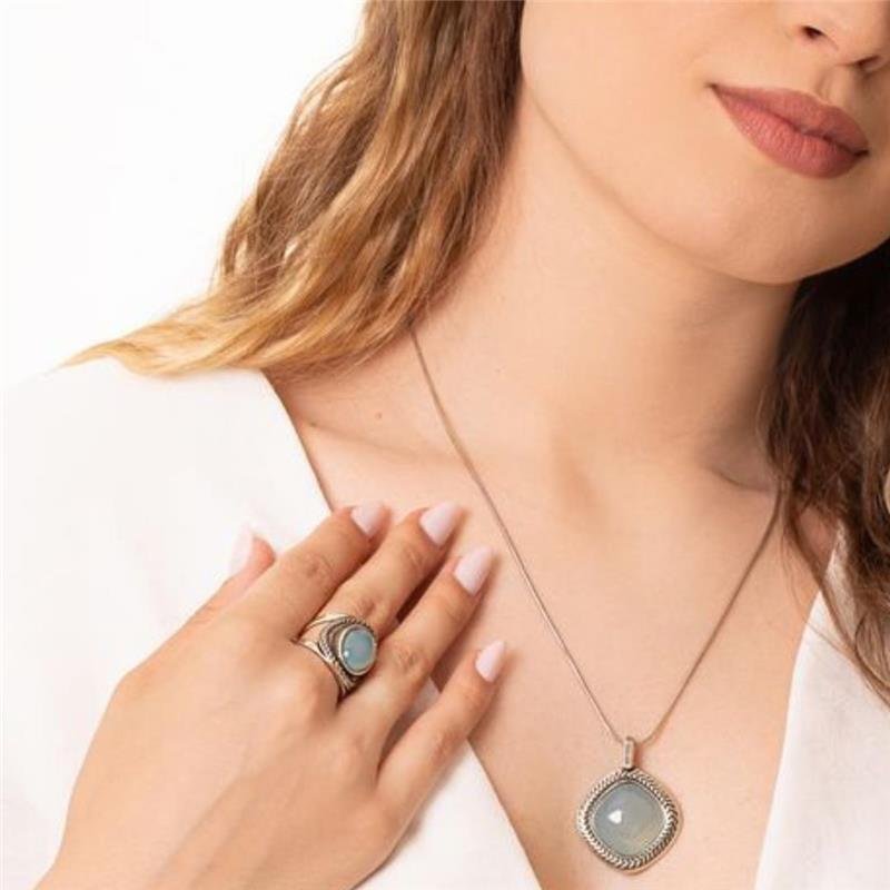 Anel Envelhecido Ágata Azul Céu Oval