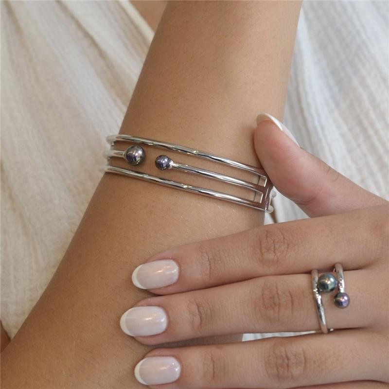 Anel Duas Voltas Liso e Pérolas Shell