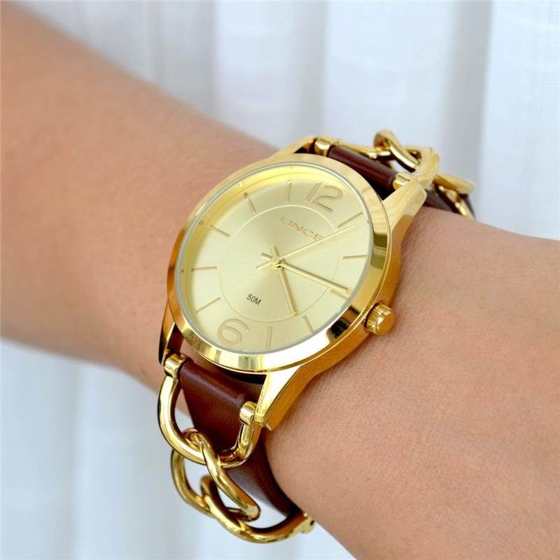 Relógio Feminino Lince Chain Analógico LRC4777L38 Marrom e Dourado