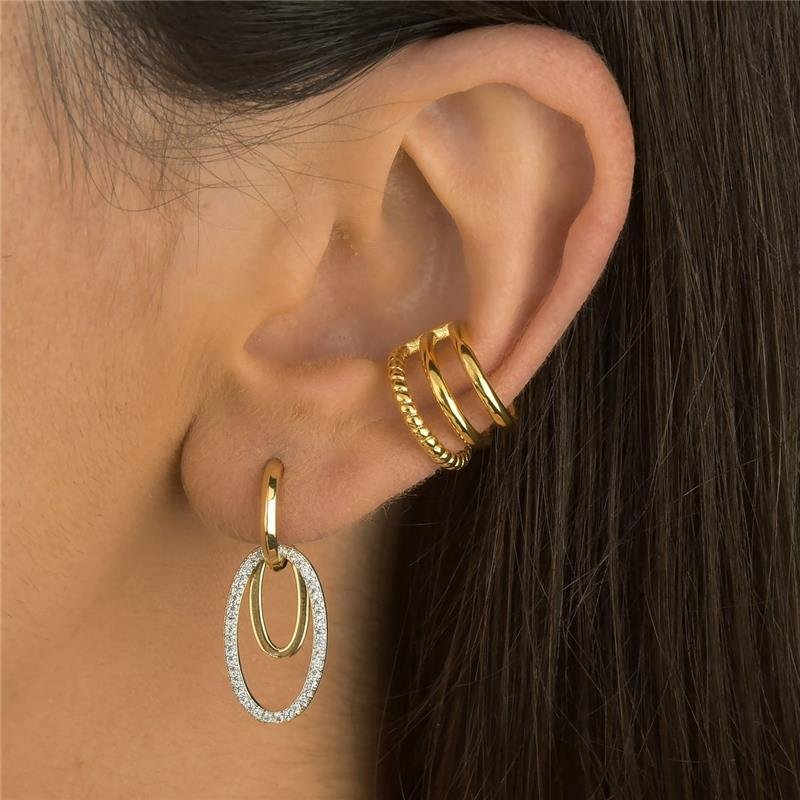 Brinco Argolinha Click E Pêndulo Oval Cravejado