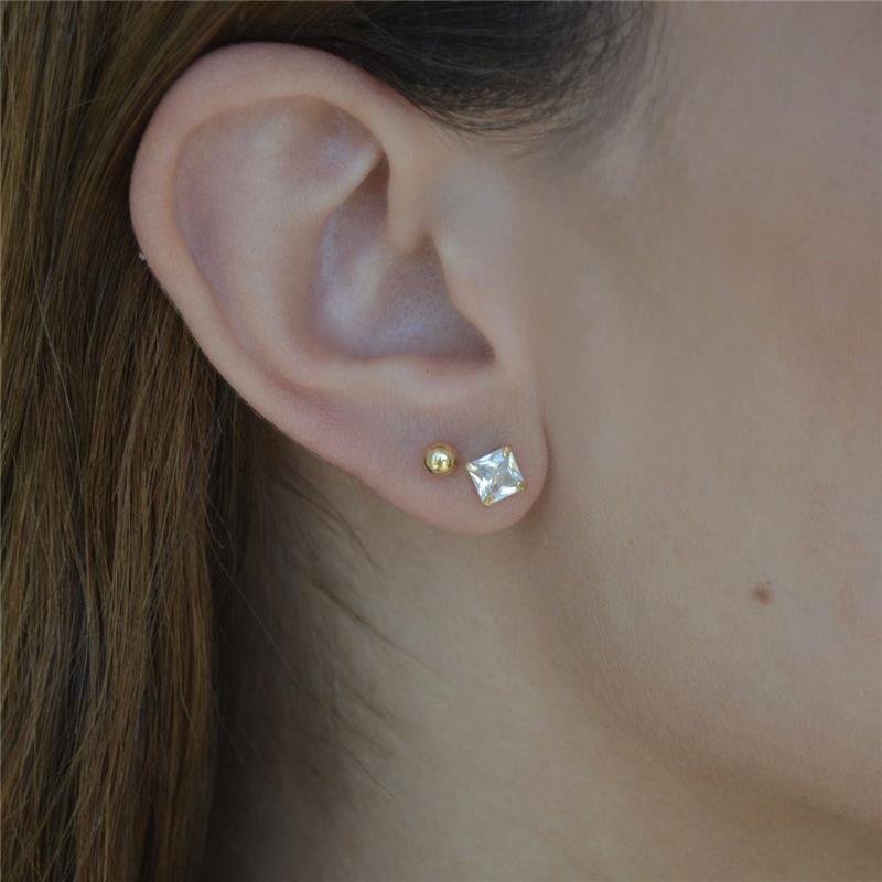 Brinco Duplo Bolinha e Ponto de Luz Quadrado