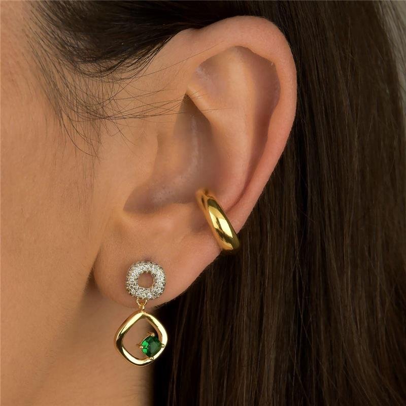 Brinco Quadrado Duplo Zircônia Verde