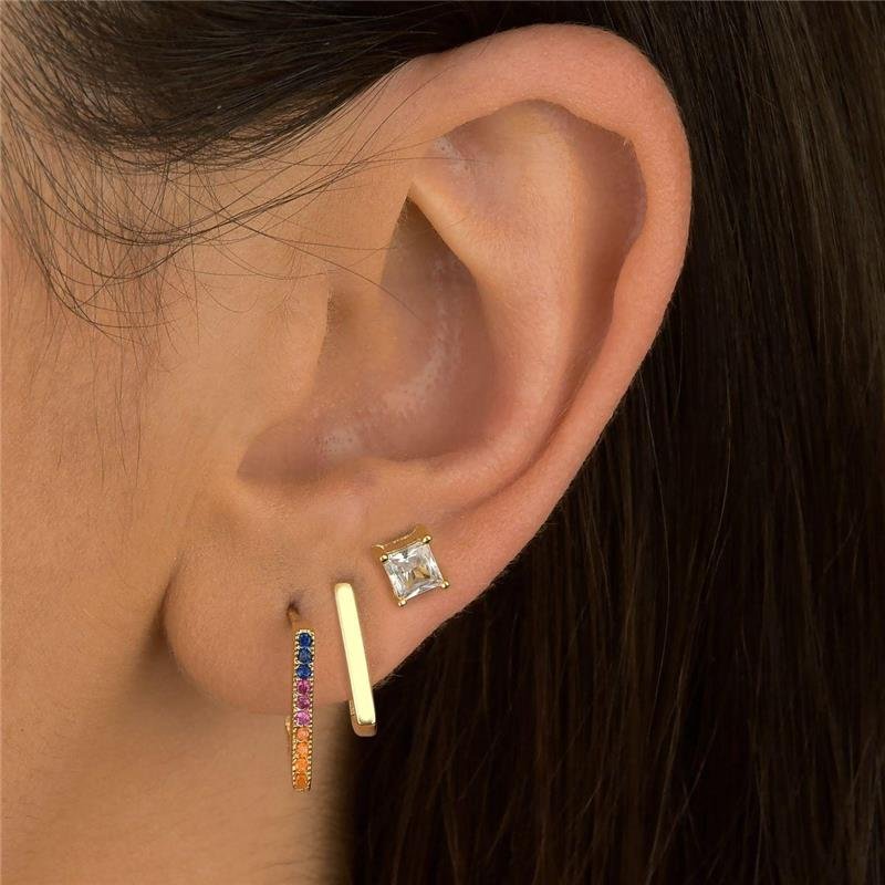 Brinco Trio Quadrado e Ponto de Luz