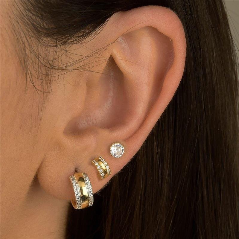 Brinco Trio Meia Argola e Ponto de Luz