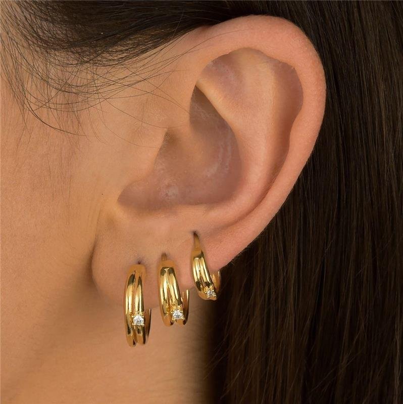 Brinco Trio Meia Argola Duas Linhas