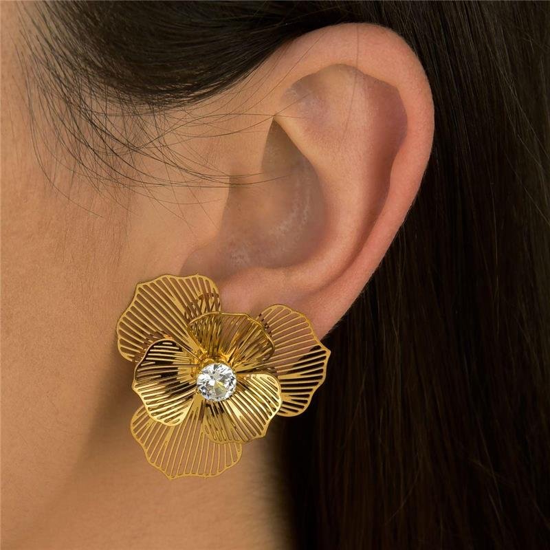Brinco Flor e Zircônia Seis Pétalas