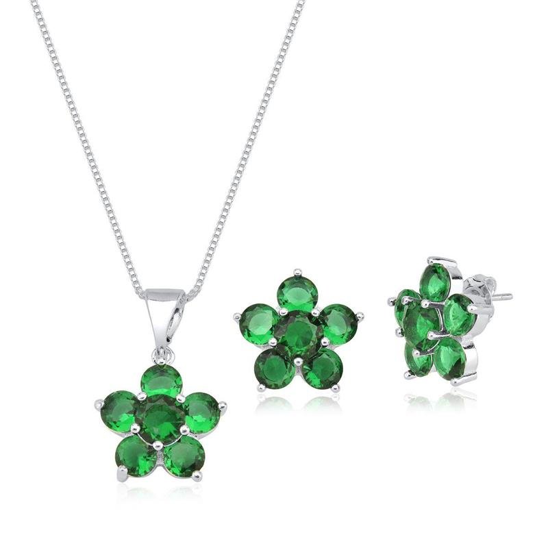 Brinco Prata Leve Flor de Zircônias Verdes
