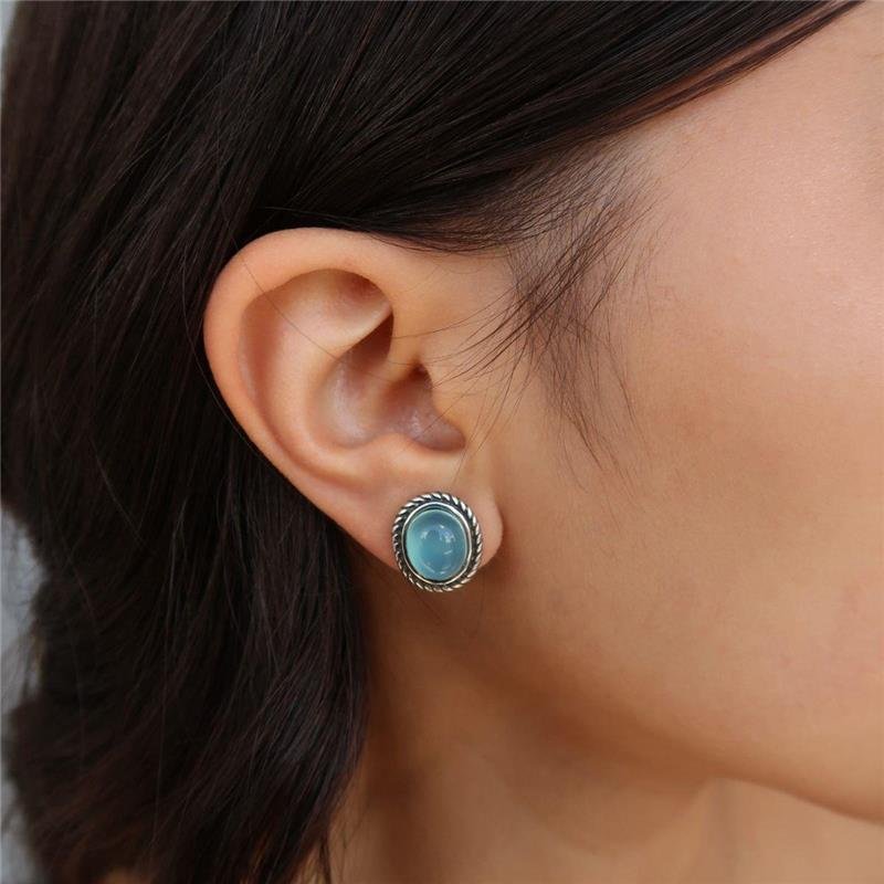 Brinco Envelhecido Ágata Azul Céu Oval