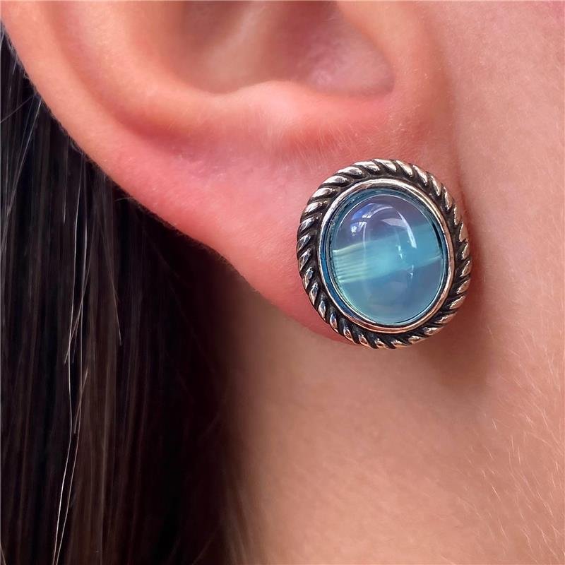 Brinco Envelhecido Ágata Azul Céu Oval