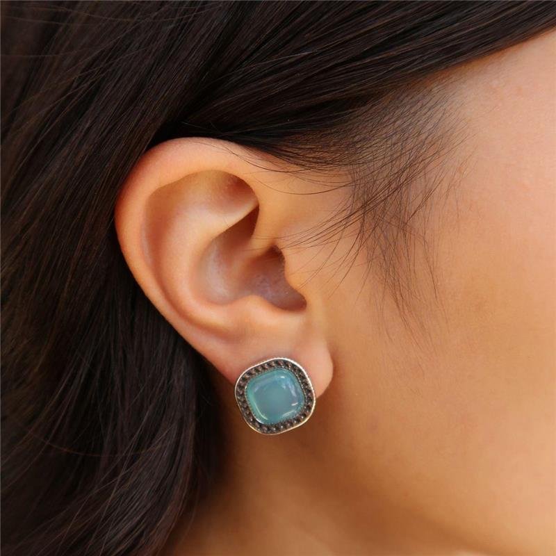 Brinco Envelhecido Ágata Azul Céu Quadrado