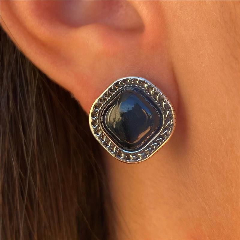 Brinco Envelhecido Ágata Negra Quadrado