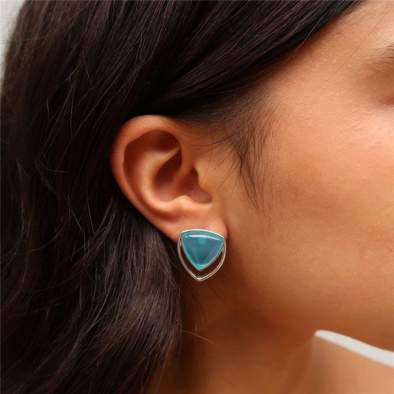 Brinco Prata Leve Ágata Azul Céu Triângulo Vazado