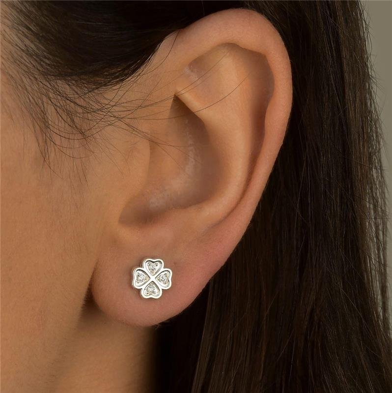 Brinco Prata Leve Trevo Cravejado