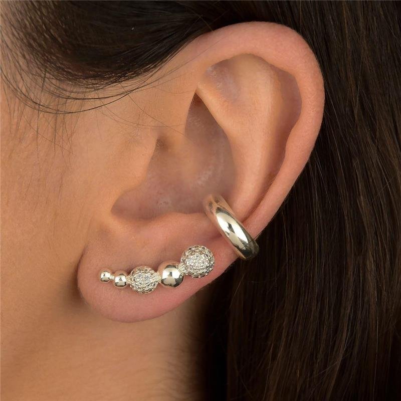 Brinco Prata Leve Ear Cuff Esferas