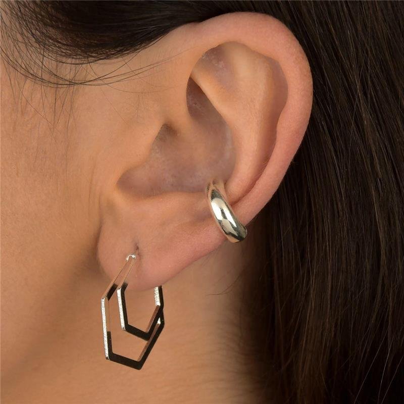 Brinco Prata Leve Argola Geométrica Dupla