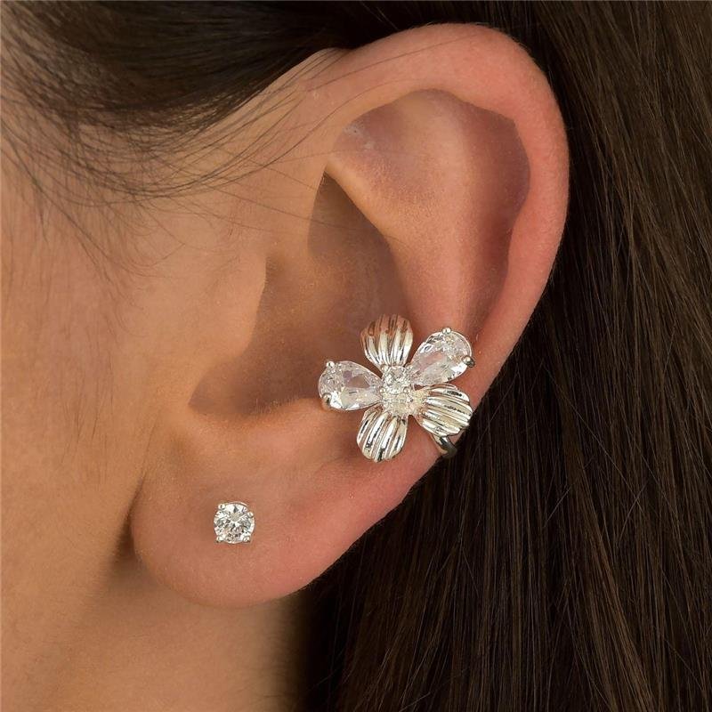 Brinco Prata Leve Duplo Flor e Ponto de Luz