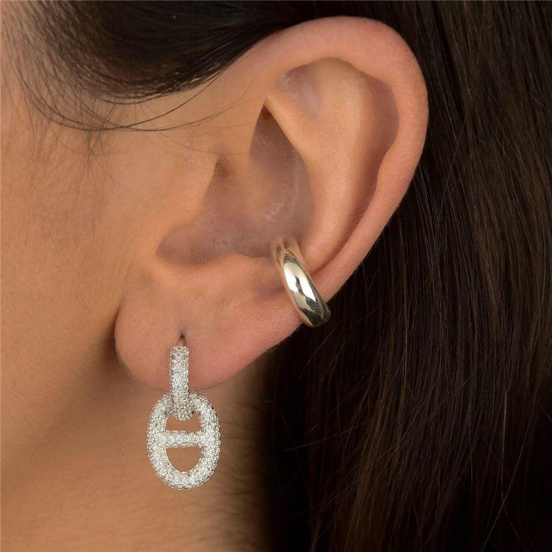 Brinco Prata Leve Argola Elo Cravejado