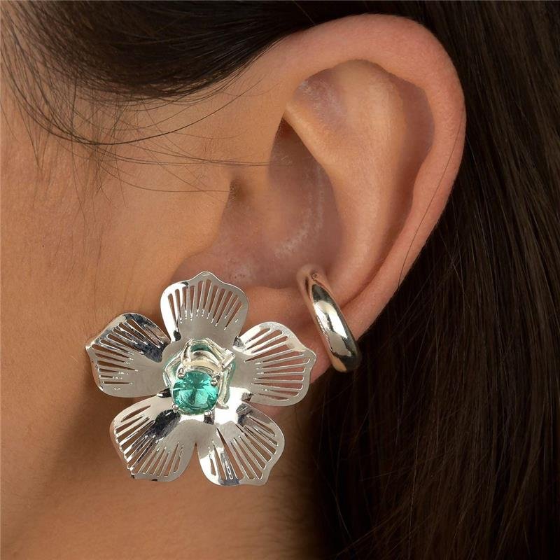 Brinco Prata Leve Flor Zircônia Verde