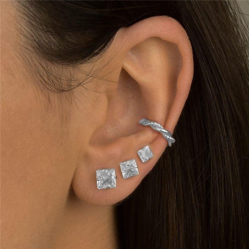 Brinco Prata Leve Trio Ponto de Luz Quadrado