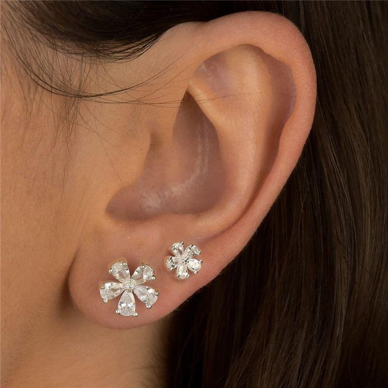 Brinco Prata Leve Duplo Flor Zircônia