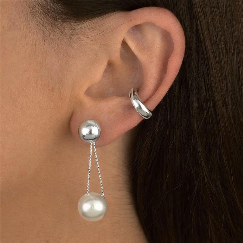 Brinco Prata Leve Bolinha e Pêndulo Pérola