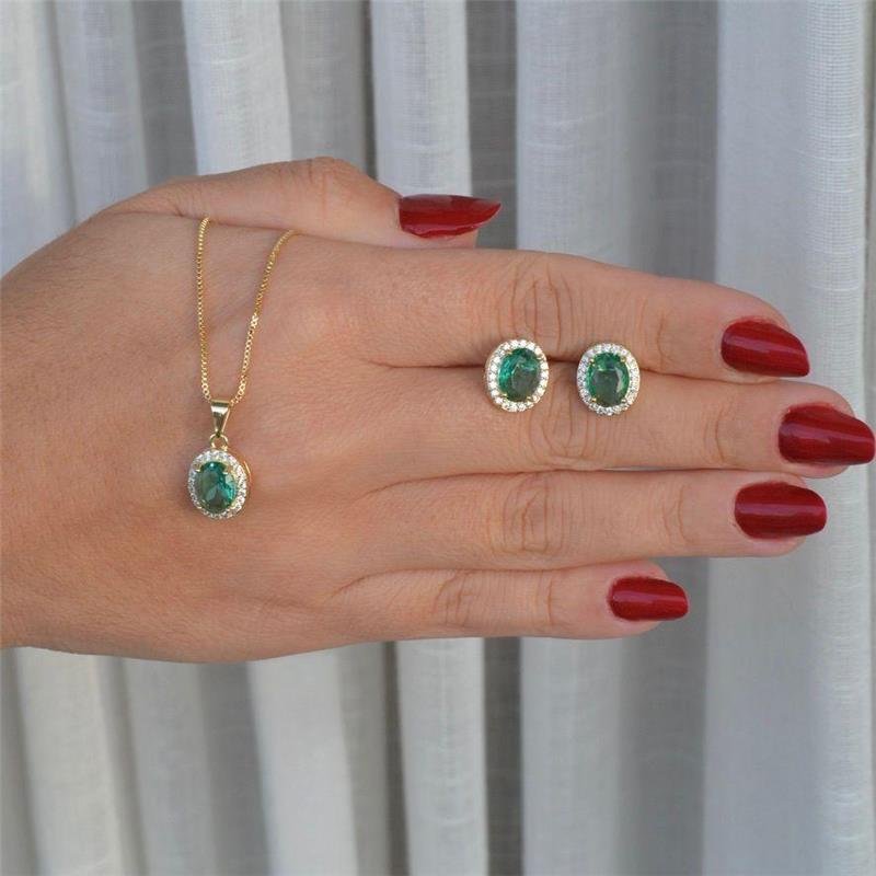 Conjunto Oval Zircônia Verde