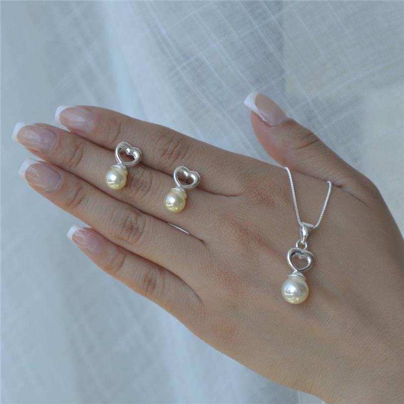 Conjunto Prata Leve Coração Liso e Pérola Shell