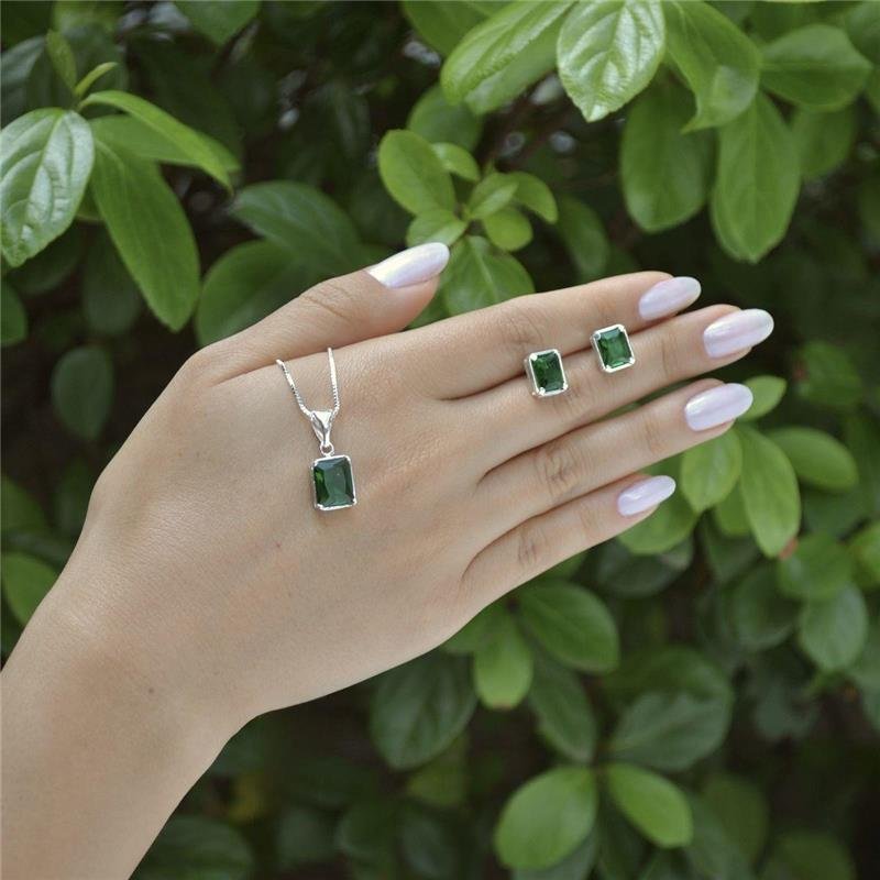 Conjunto Prata Leve Geométrico Verde Esmeralda