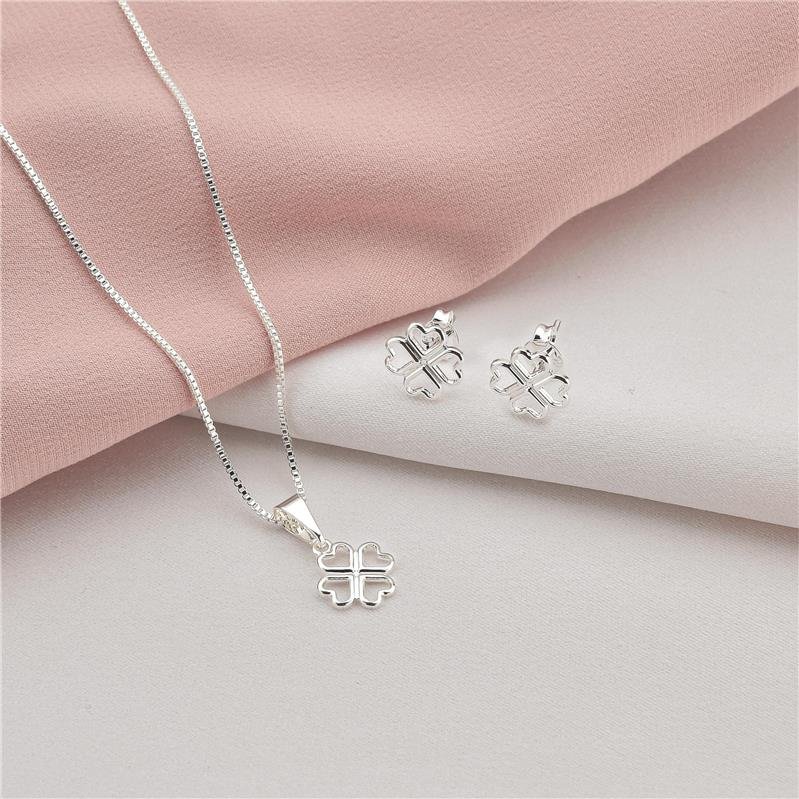 Conjunto Prata Leve Trevo Vazado