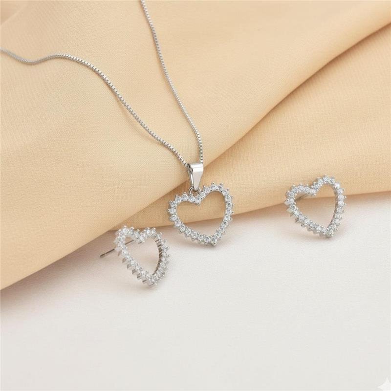 Conjunto Prata Leve Coração Cravejado
