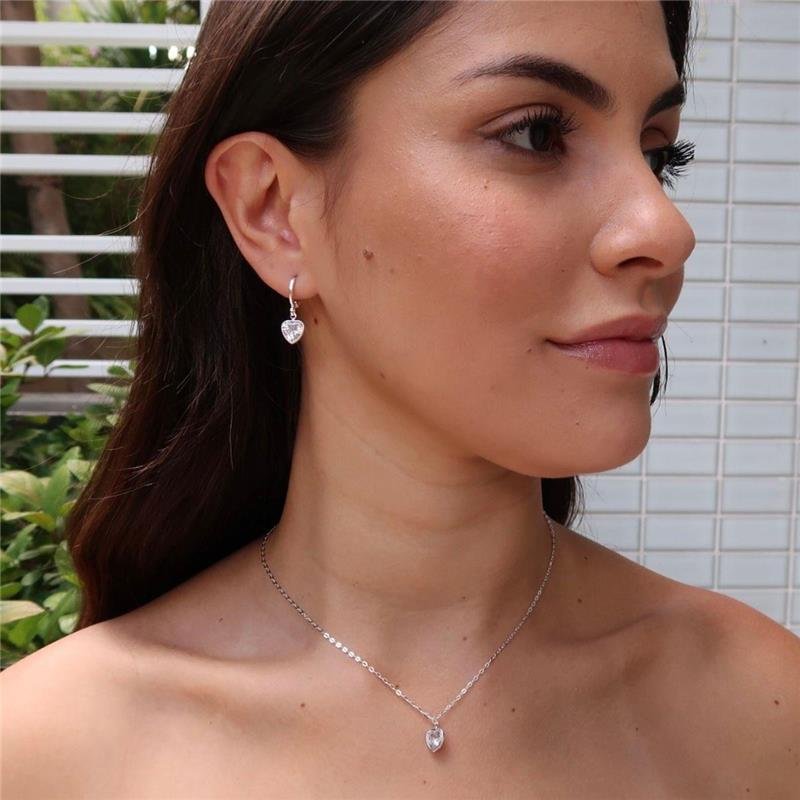 Conjunto Prata Leve Coração Prisma Facetado
