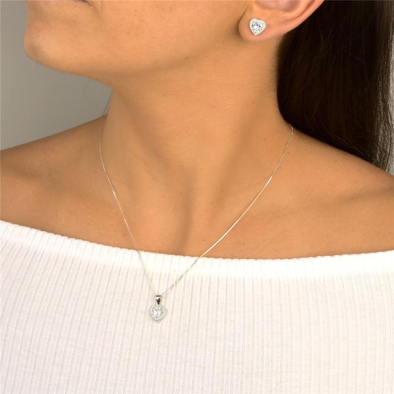 Conjunto Prata 925 Coração com Ponto de Luz Cravejado