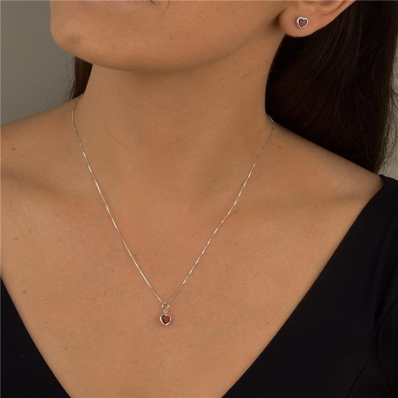 Conjunto Prata 925 Coração Vermelho
