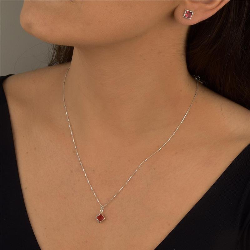 Conjunto Prata 925 Quadrado Vermelho