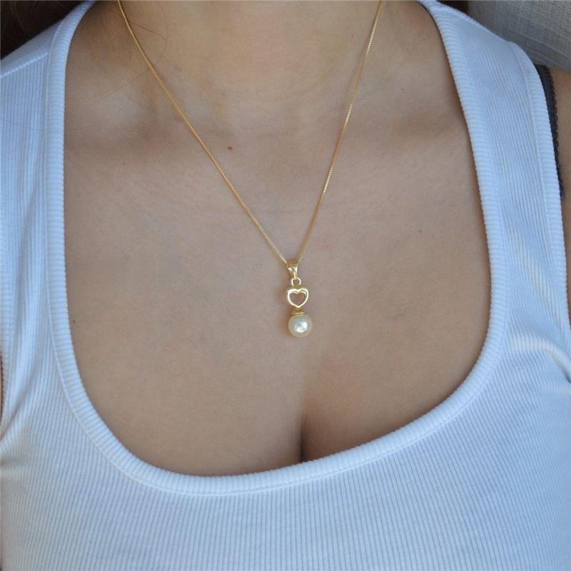 Colar Coração Liso e Pérola Shell