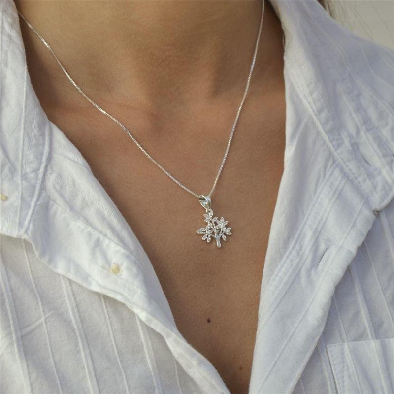 Colar Prata Leve Delicado Árvore da Vida Cravejado