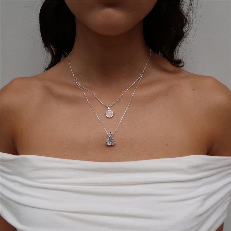 Colar Prata Leve Quartzo Rosa e Nossa Senhora Aparecida