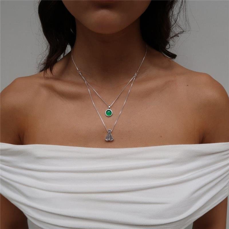 Colar Prata Leve Ágata Verde e Nossa Senhora Aparecida