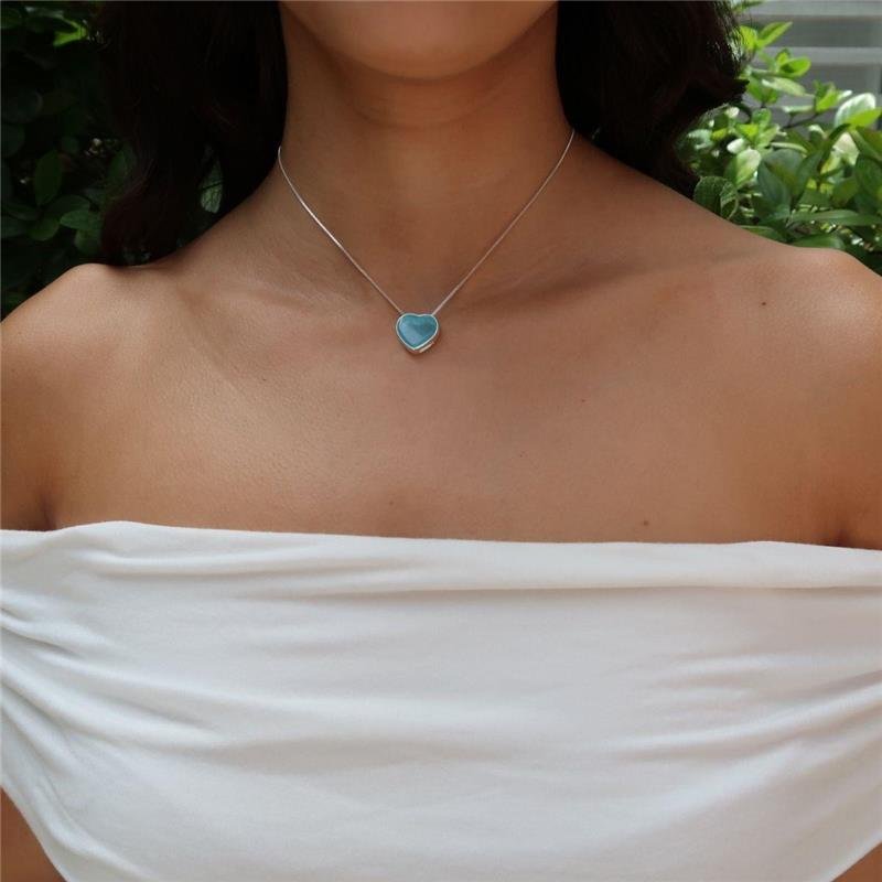 Colar Prata Leve Ágata Azul Céu Coração