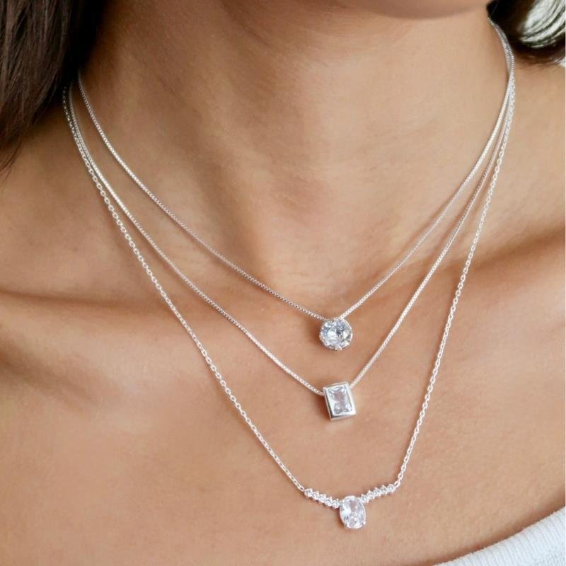 Colar Prata Leve Zircônia Oval Luxo