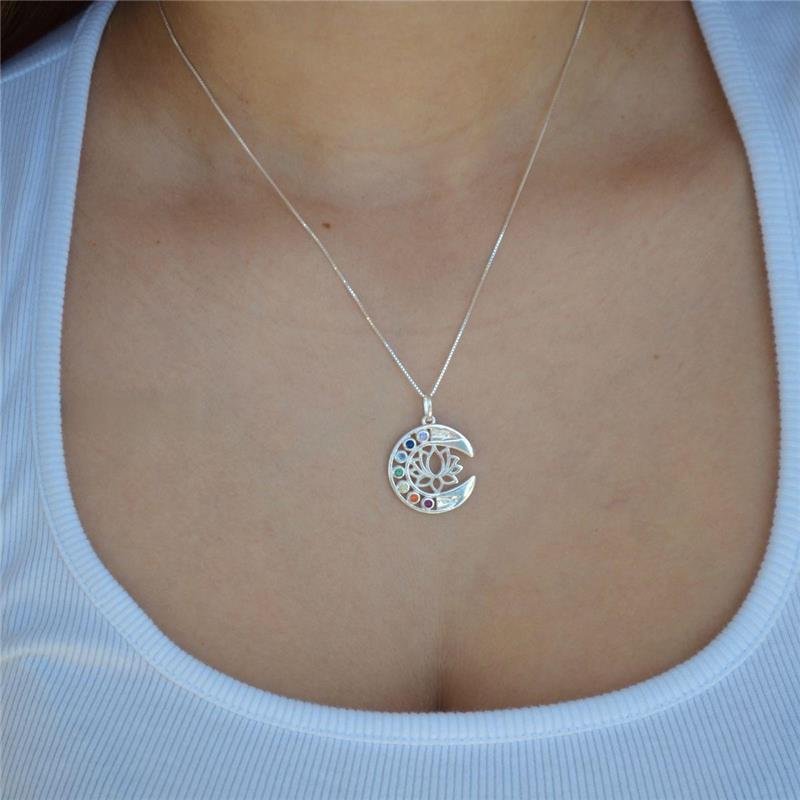 Colar Prata Legítima Lua e Lotus