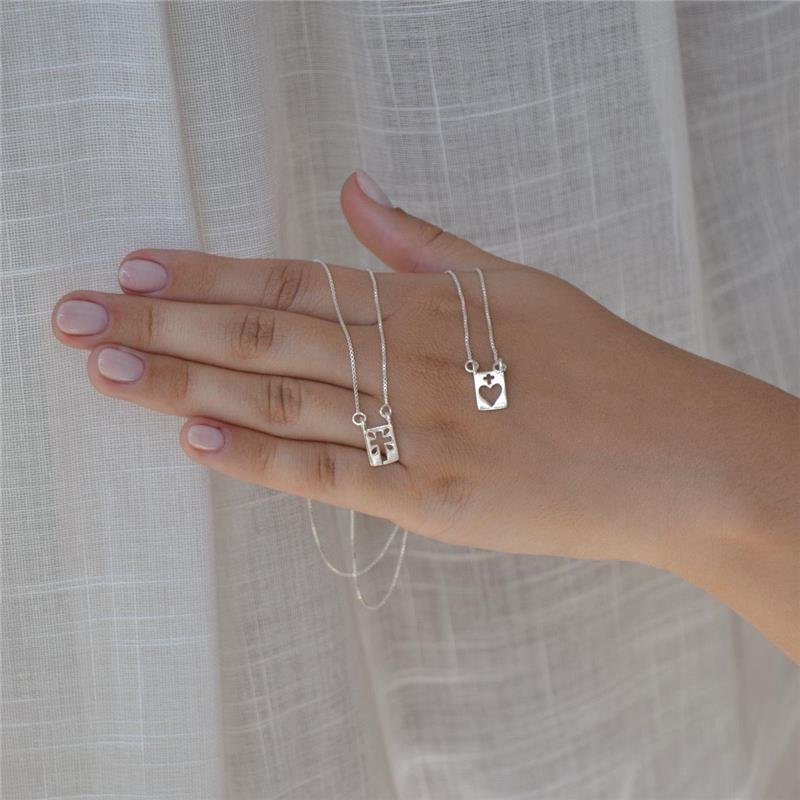 Colar Escapulário Prata Legítima Cruz e Coração