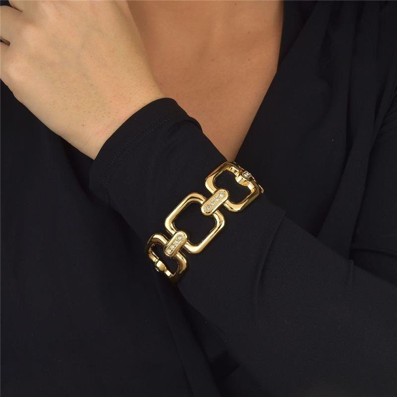 Bracelete Luxo Acessível Elos Quadrados Com Cravejado 