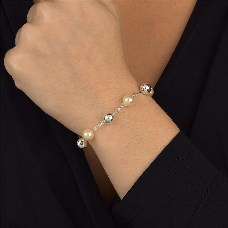Pulseira Prata Leve Pérolas e Esferas