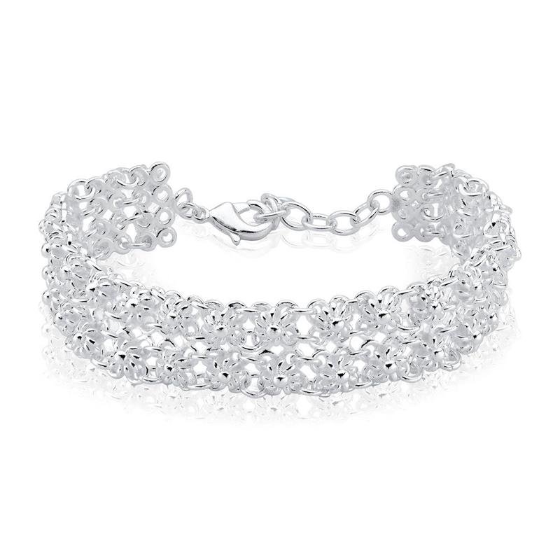 Pulseira Prata Leve Esteirinha Flores
