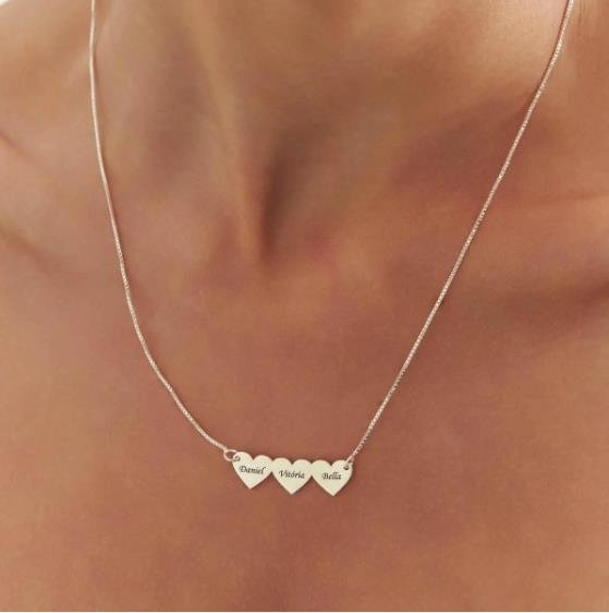 Gargantilha Coração Personalizada 3 Nomes Prata Legítima