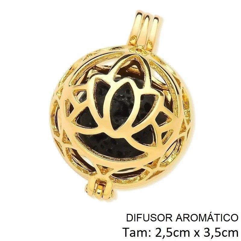 Colar Pingente Difusor Aromático Lótus Pedra Vulcânica