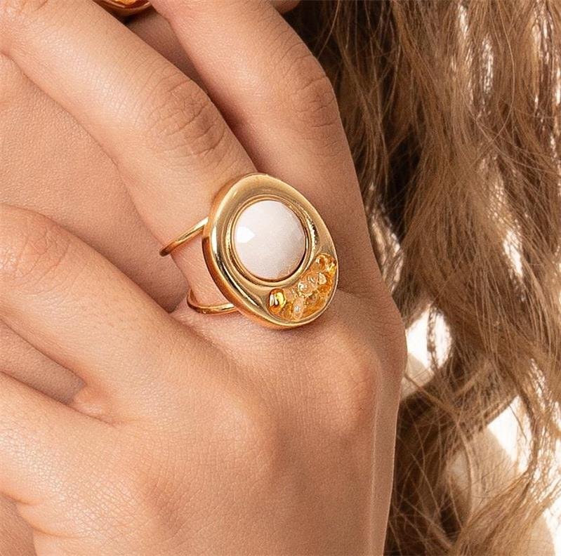 Anel Regulável Porcelana Facetada e Citrino