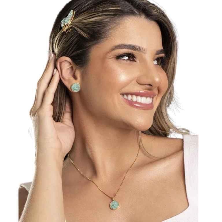 Brinco Amazonita Verde Fragmentos Redondo