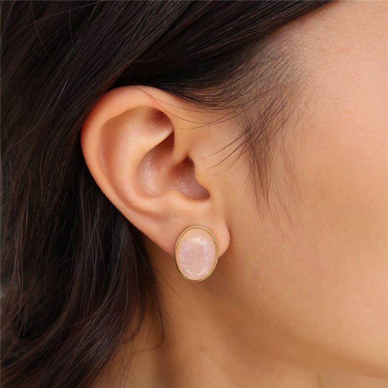 Brinco De Pressão Quartzo Rosa Oval